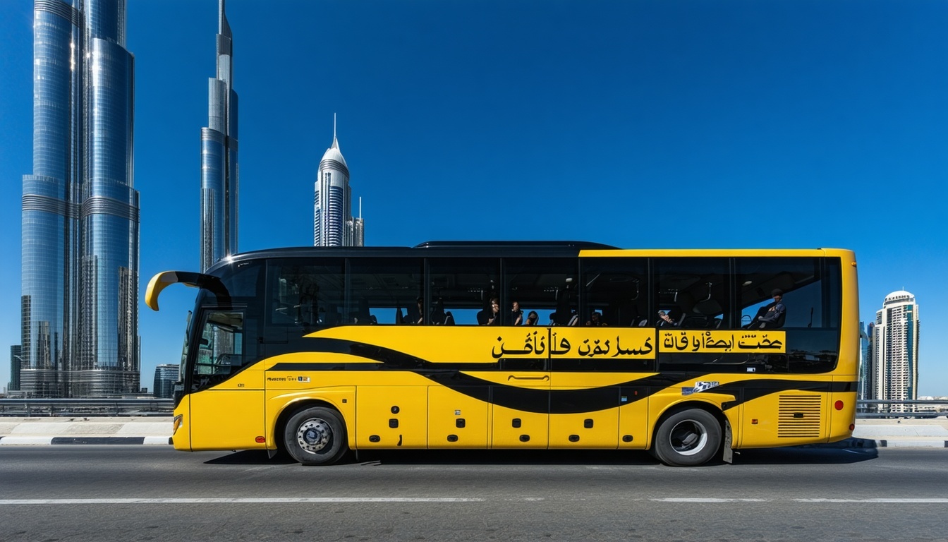 Luxury bus tour passing by Burj Khalifa in Dubai