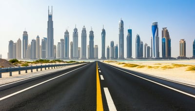 Dubai road journey with skyline and travel icons Dubai road journey with skyline and travel icons